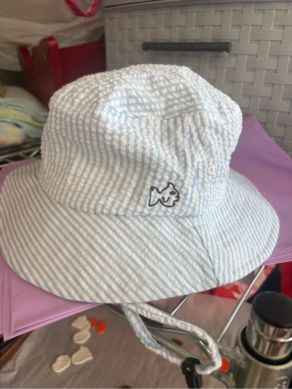 Light Blue Striped Kids Bucket Hat with Fish Motif